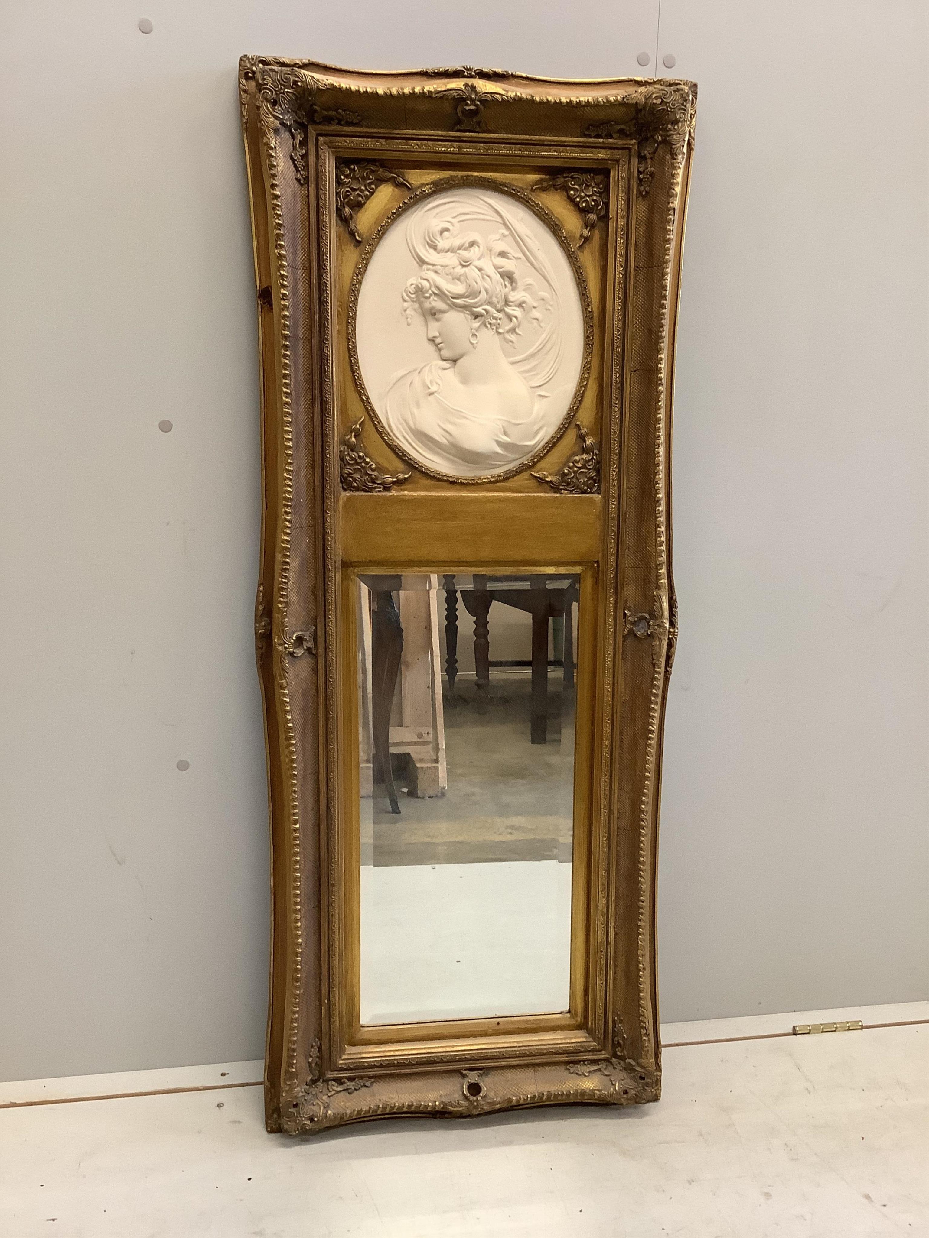 A Victorian style gilt composition and faux marble wall mirror, width 52cm, height 132cm